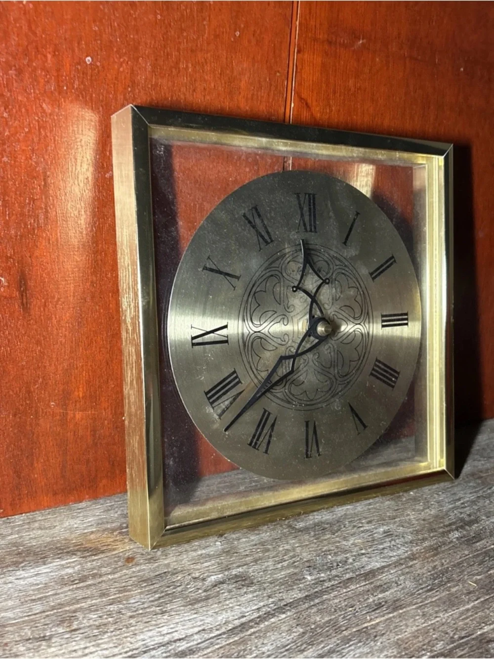 Vintage Brass Wall Clock Roman Numerals | Mid Century Square Frame